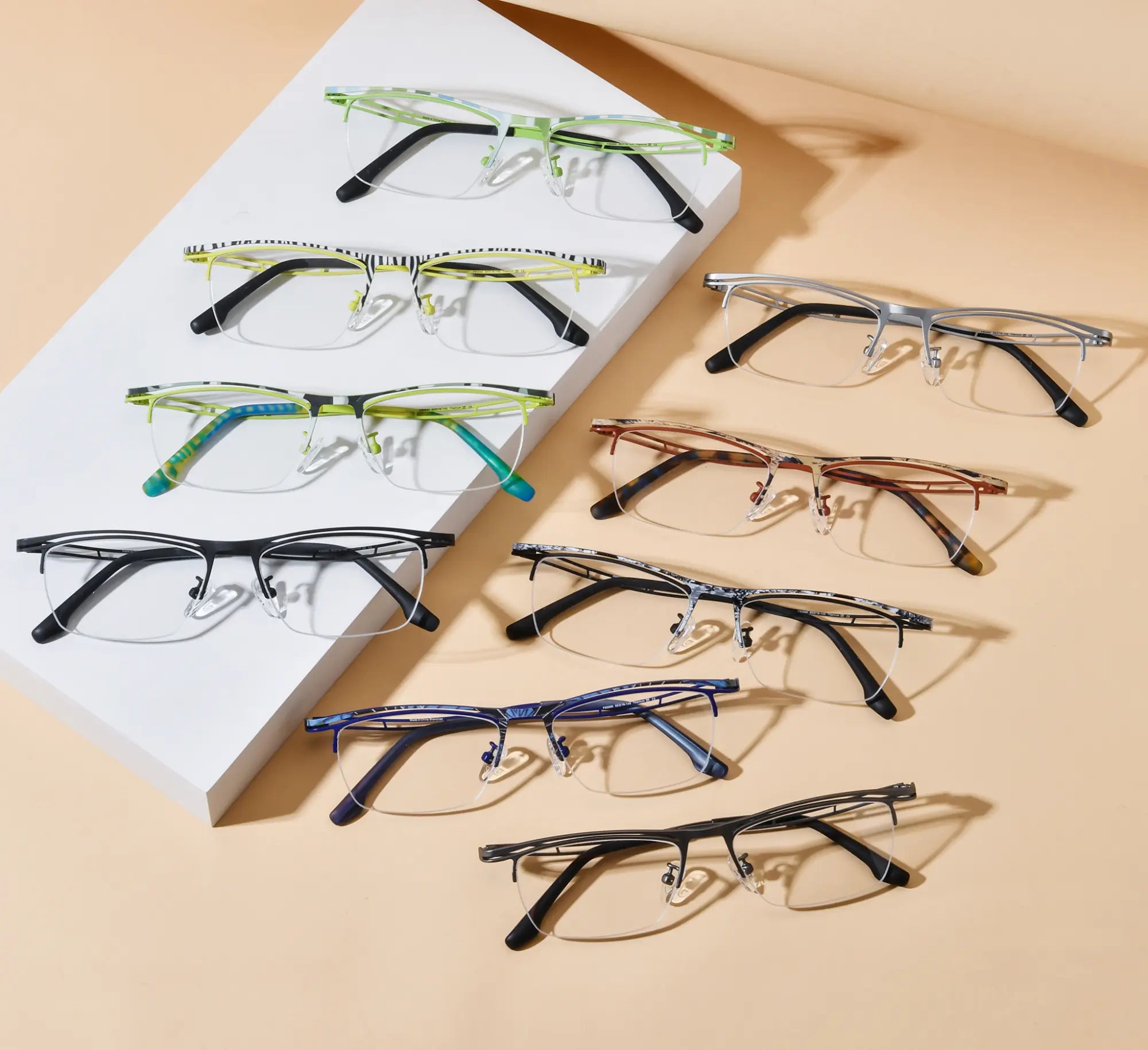 VoyueLens™ VL185890 titanium semi-rim eyeglasses – full collection display with 9 color variants including Lime Stripe, Zebra Yellow, Citrus Fade, Silver Alloy, Amber Bronze, Zebra Noir, Cobalt Wave, Graphite Gray, and Matte Black.